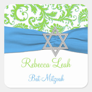 Carré Sticker Bat mitzvah bleu, blanc, vert Damask