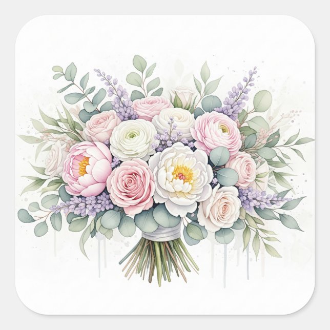 Carré Sticker Bouquet Mariage Pastel Aquarelle (Devant)