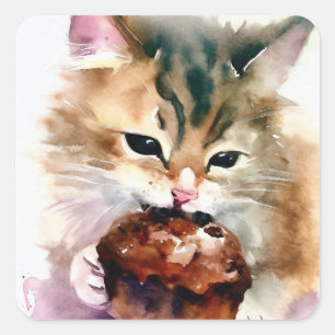 Carré Sticker Cat Eating Cupcake