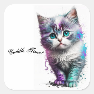 Carré Sticker Cudly Blue Eyed Kitten, Aquarelle Art,