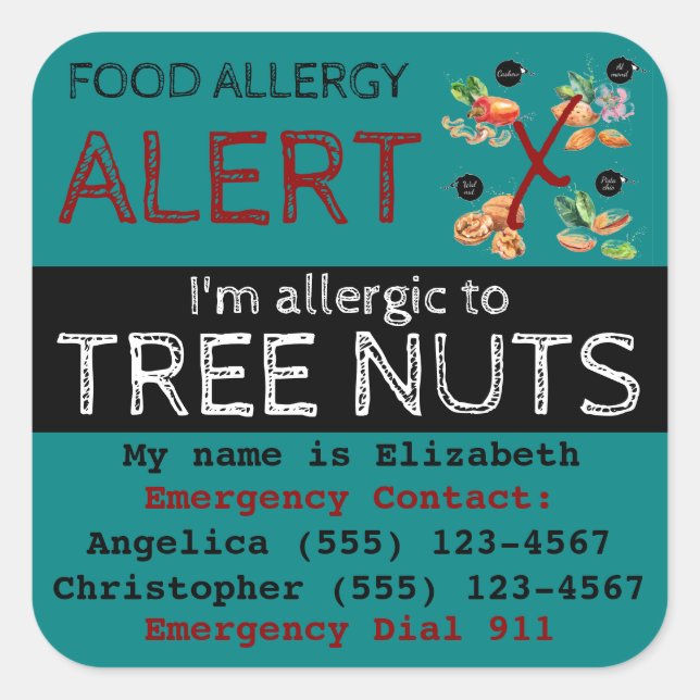 Carré Sticker d'alerte d'allergie aux aliments de noix d (Devant)