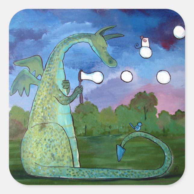 Carré Sticker d'art Dragon Whimsical soufflant des bulle (Devant)