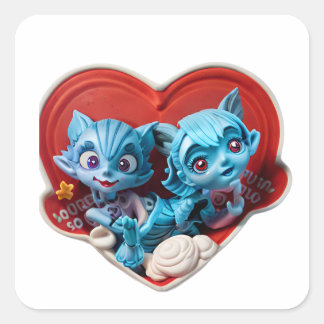 Carré Sticker de coeur rouge avec deux chats bleus - La