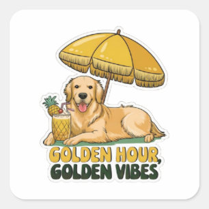 Carré Sticker de Dog Beach Golden Retriever avec Pina