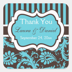 Carré Sticker de faveur Aqua, Brown et Blanc de mariage