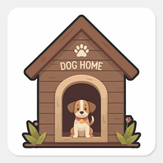 Carré Sticker de la maison de chien avec contour noir (Devant)