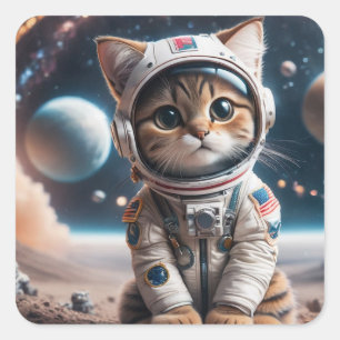 Carré Sticker de l'astronaute de chat Alien spatial