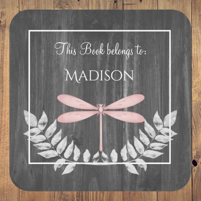 Carré Sticker de livre russe de libellule rose (Pink Dragonfly Rustic Book Sticker)