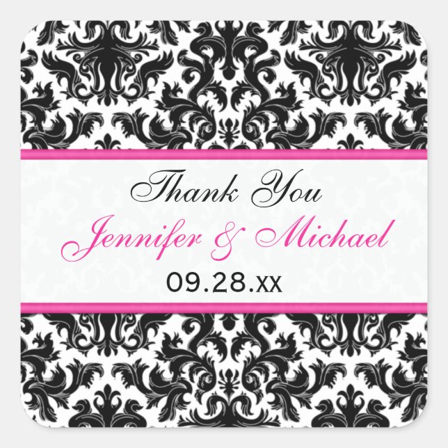 Carré Sticker de mariage 1,5" Black White Rose Damask (Devant)