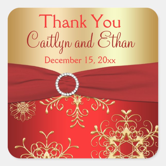 Carré Sticker de mariage favori Red et Gold Snowflakes (Devant)