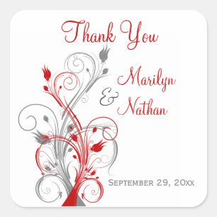 Carré Sticker de mariage floral blanc, rouge, gris