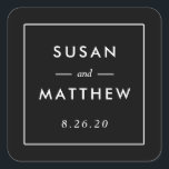 Carré Sticker de mariage personnalisé à bordure mince cl<br><div class="desc">Un autocollant mariage simple mais classique personnalisé en noir et blanc. Utiliser comme sceau d'enveloppe ou étiquette de faveur. Modifiez vos informations à l'aide du formulaire modèle.</div>