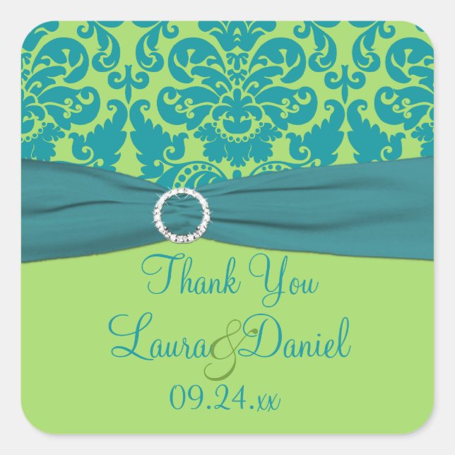 Carré Sticker de mariage vert pomme et turquoise Favor (Devant)