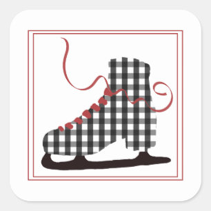 Carré Sticker de Noël de patinage sur glace noir et blan