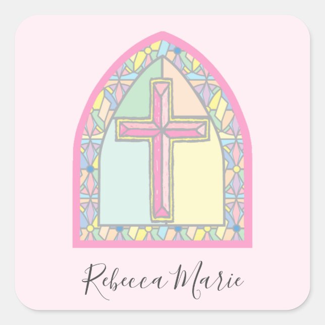 Carré Sticker de première communion en verre rose (Devant)