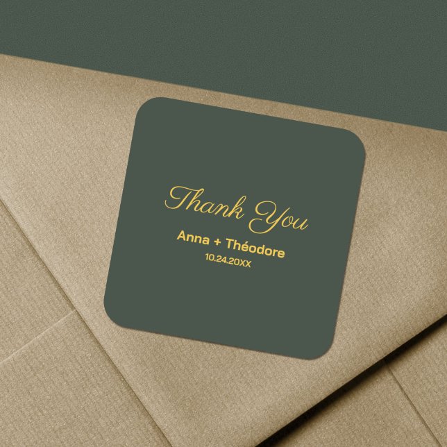 Carré Sticker de remerciement élégant or et vert forêt (Stylish Gold & Forest Green Thank You Sticker)