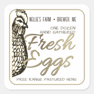 Carré Sticker d'oeuf frais Rustique Hen Gold Text pour c