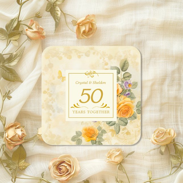 Carré Sticker du 50e anniversaire de Mariage en or et en (Gold Yellow Roses 50th Wedding Anniversary sticker)