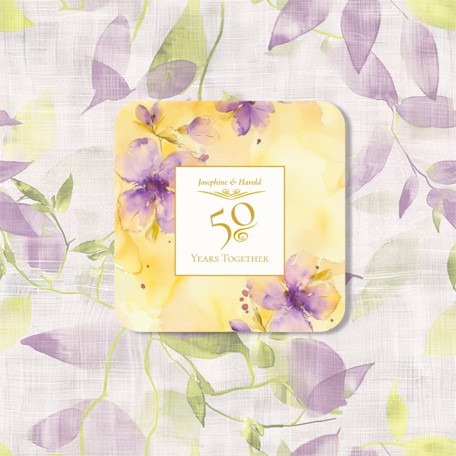 Carré Sticker du 50e anniversaire du Mariage Violets Gol (Violets Gold 50th Wedding Anniversary Sticker)