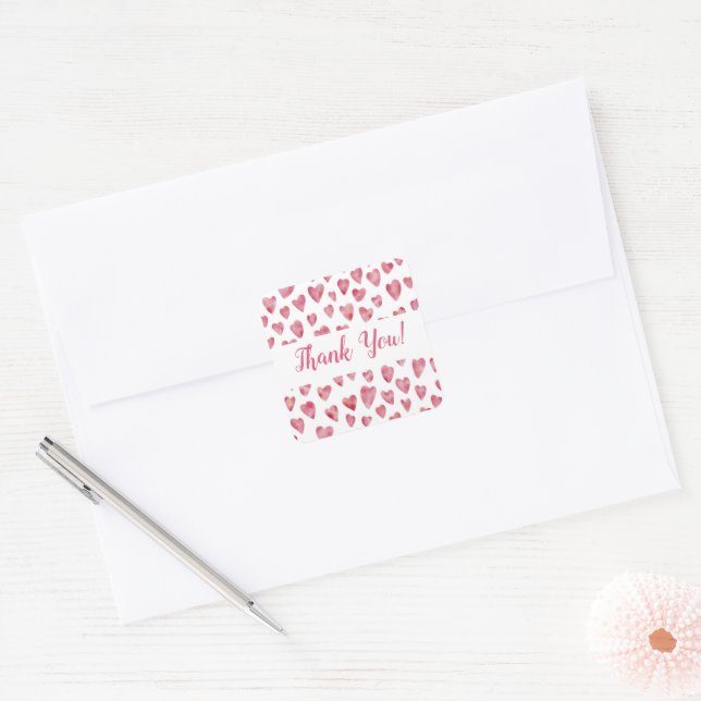 Carré Sticker en Merci de coeur rose (Enveloppe)