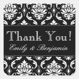 Carré Sticker en Merci Mariage damassé noir blanc
