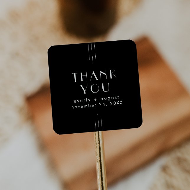 Carré Sticker en Merci Mariage noir TOUT Art Déco (EVERLY Art Deco Black Wedding Thank You Sticker)