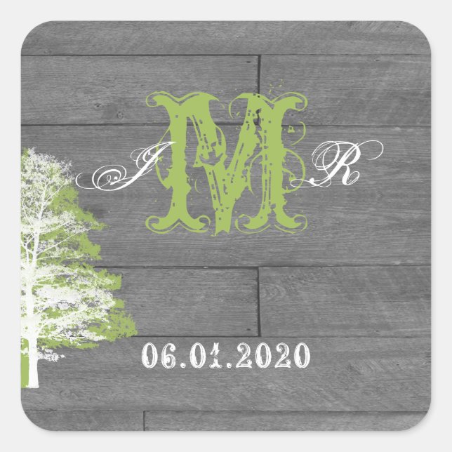 Carré Sticker en Monogramme en bois rustique moderne (Devant)