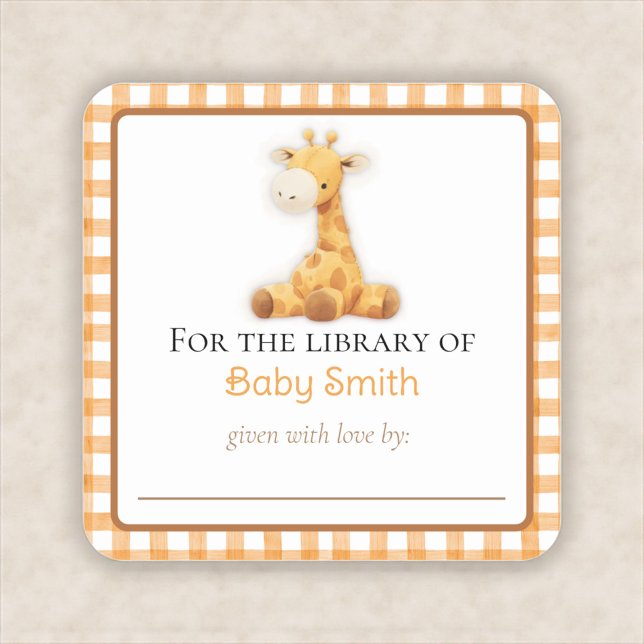 Carré Sticker en plaque de baby shower avec Giraffe à pe (personalized nursery bookplate with giraffe)