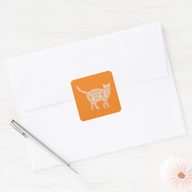 Carré Sticker en silhouette de chat orange de style vint (Enveloppe)