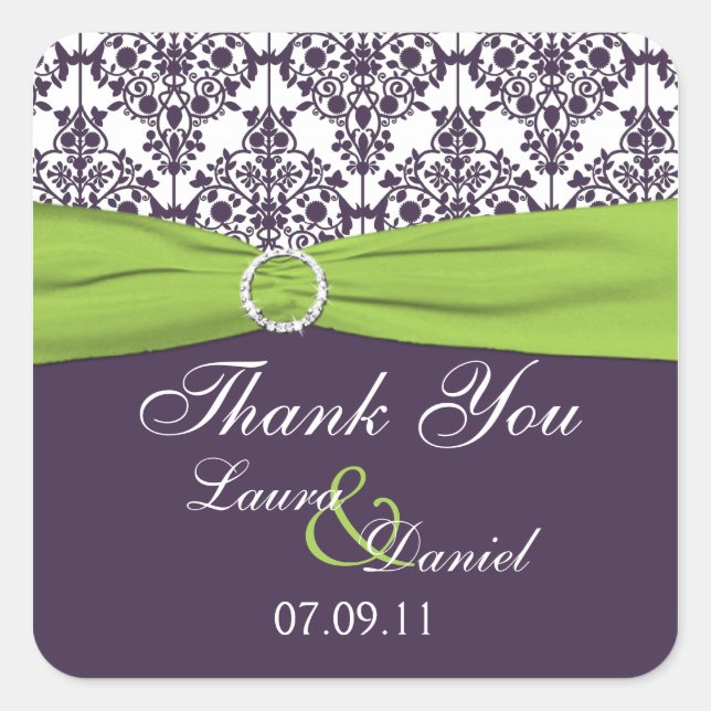 Carré Sticker Faveur Lime et Purple Mariage damassé (Devant)