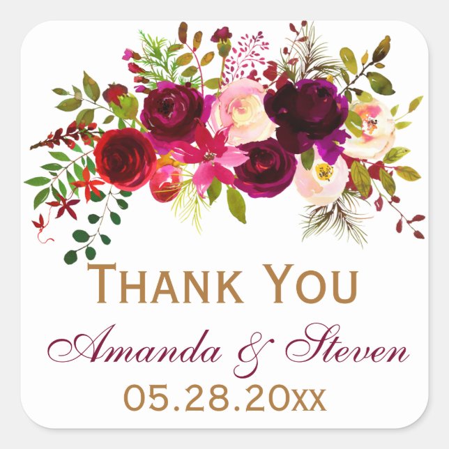 Carré Sticker Favor Mariage - Florales Bourgogne, Foliag (Devant)