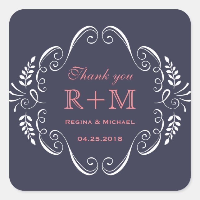 Carré Sticker favori de mariage bleu floral de la marine (Devant)