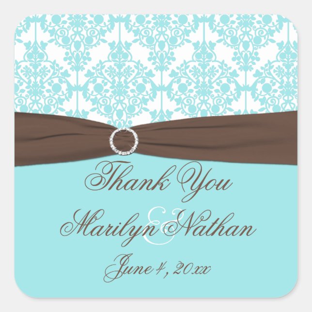 Carré Sticker Favour Mariage damassé Brown, Bleu, Blanc (Devant)
