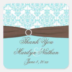 Carré Sticker Favour Mariage damassé Brown, Bleu, Blanc