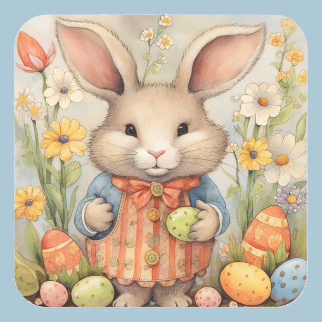 Carré Sticker floral moelleux lapin de Pâques aux couleu (Créateur téléchargé)