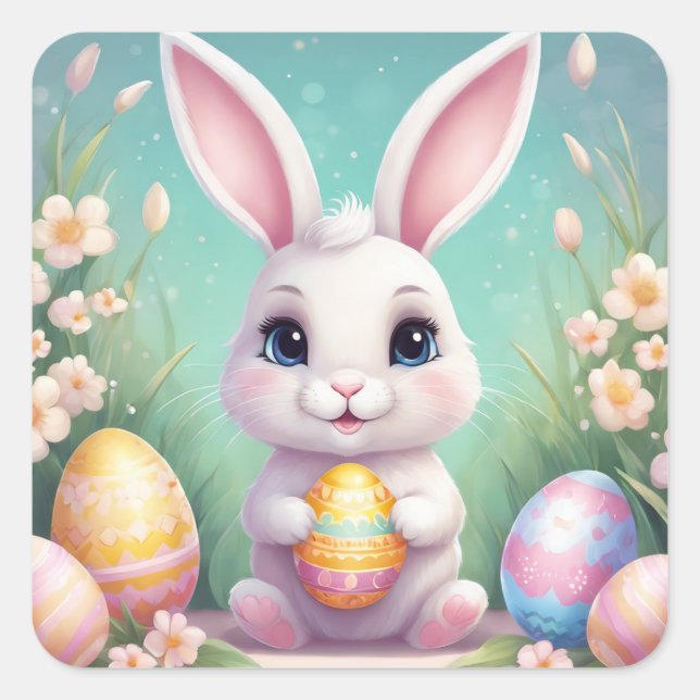 Carré Sticker floral moelleux lapin de Pâques aux couleu (Devant)