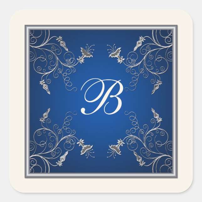Carré Sticker floral Monogram Navy, Ivory et Silver (Devant)