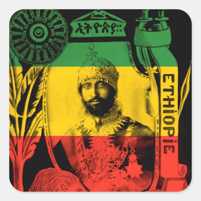 Carré Sticker Haile Selassie Rouge Or Vert Rasta (Devant)