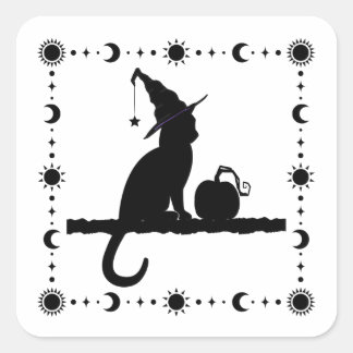 Carré Sticker Halloween Chat Sorcière