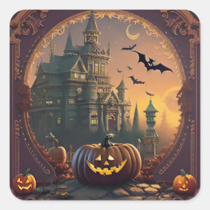 Carré Sticker Halloween Scène Citrouille Vintage deux