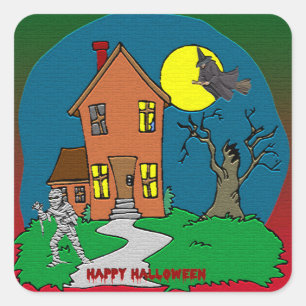 Carré Sticker Haunted House, Witch and Mummy