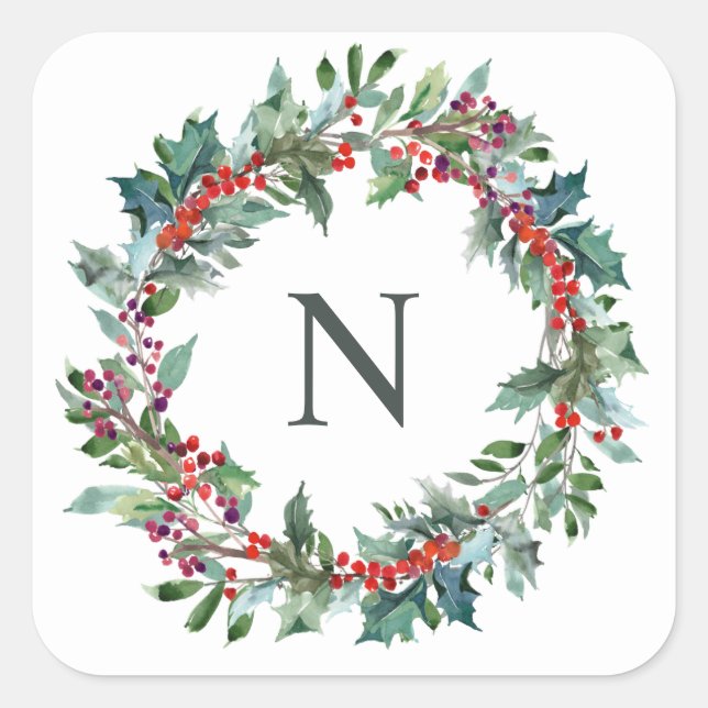 Carré Sticker initial de Noël Holly Monogram (Devant)