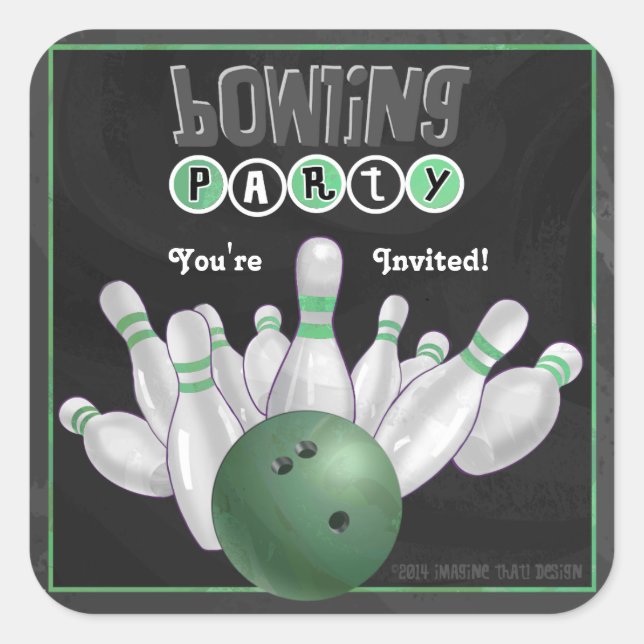 Carré Sticker Invitation tendance Green Bowling Party (Devant)