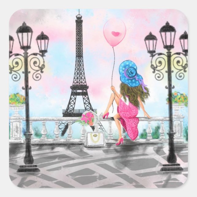 Carré Sticker Lady avec Balloon Rose - I Love Paris (Devant)