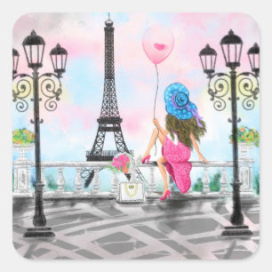 Carré Sticker Lady avec Balloon Rose - I Love Paris