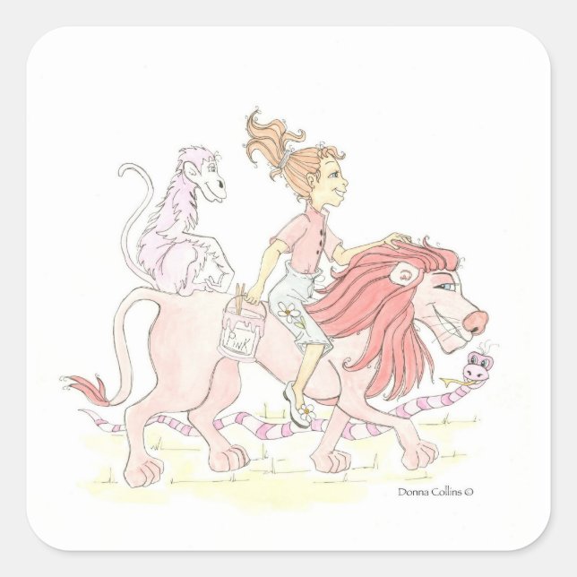 Carré Sticker Lion rose et Animaux (Devant)