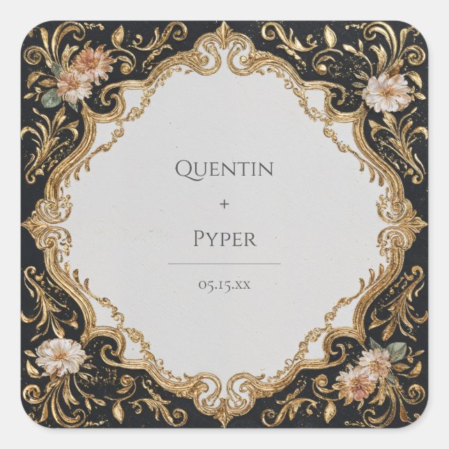 Carré Sticker Mariage à cadre Floral Noir et Or (Devant)