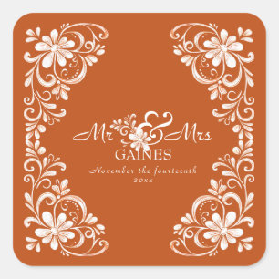 Carré Sticker Mariage Burnt Orange Shabby Chic Mr & Mrs