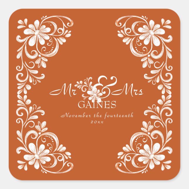 Carré Sticker Mariage Burnt Orange Shabby Chic Mr & Mrs (Devant)