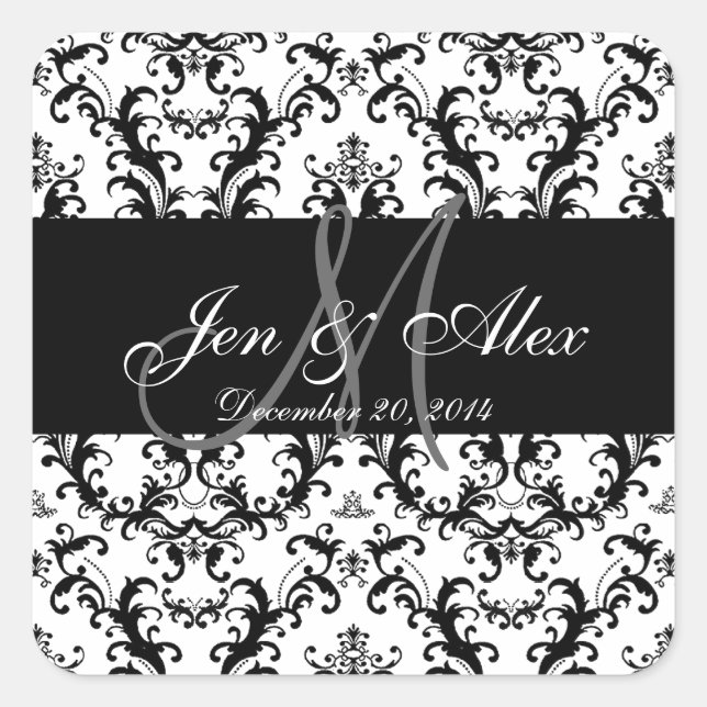 Carré Sticker Mariage damassé Blanc Noir Faveur (Devant)